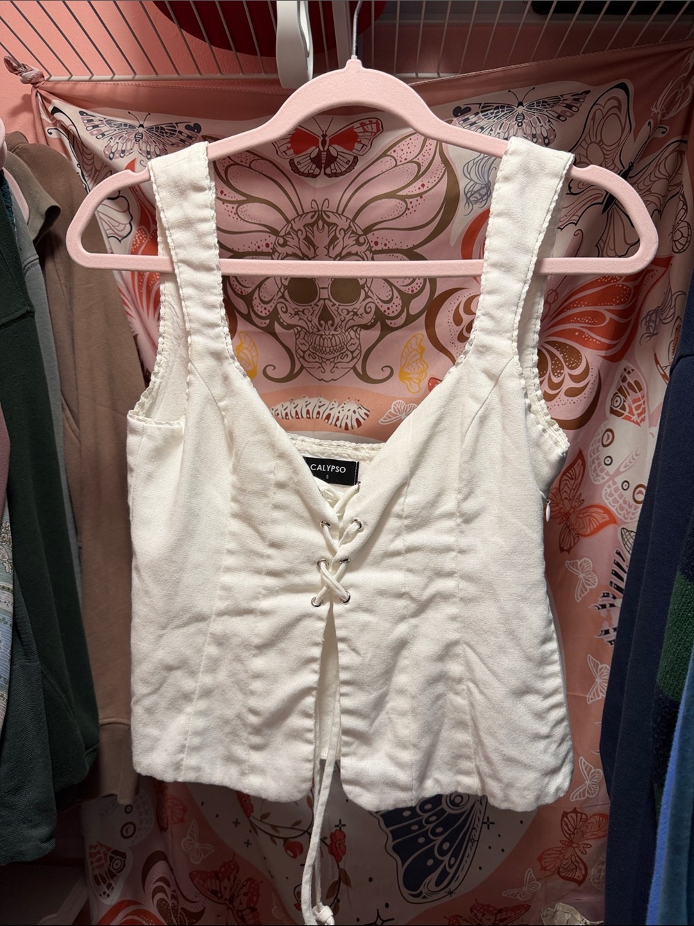 White Lace-Up Cotton Blend Tank Top